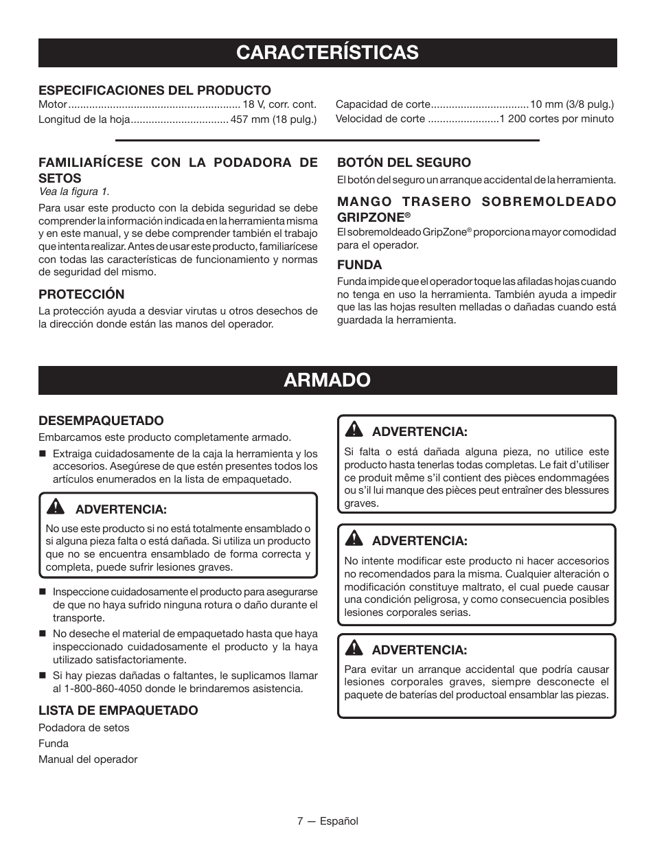 Características armado | Ryobi P2605 User Manual | Page 27 / 34