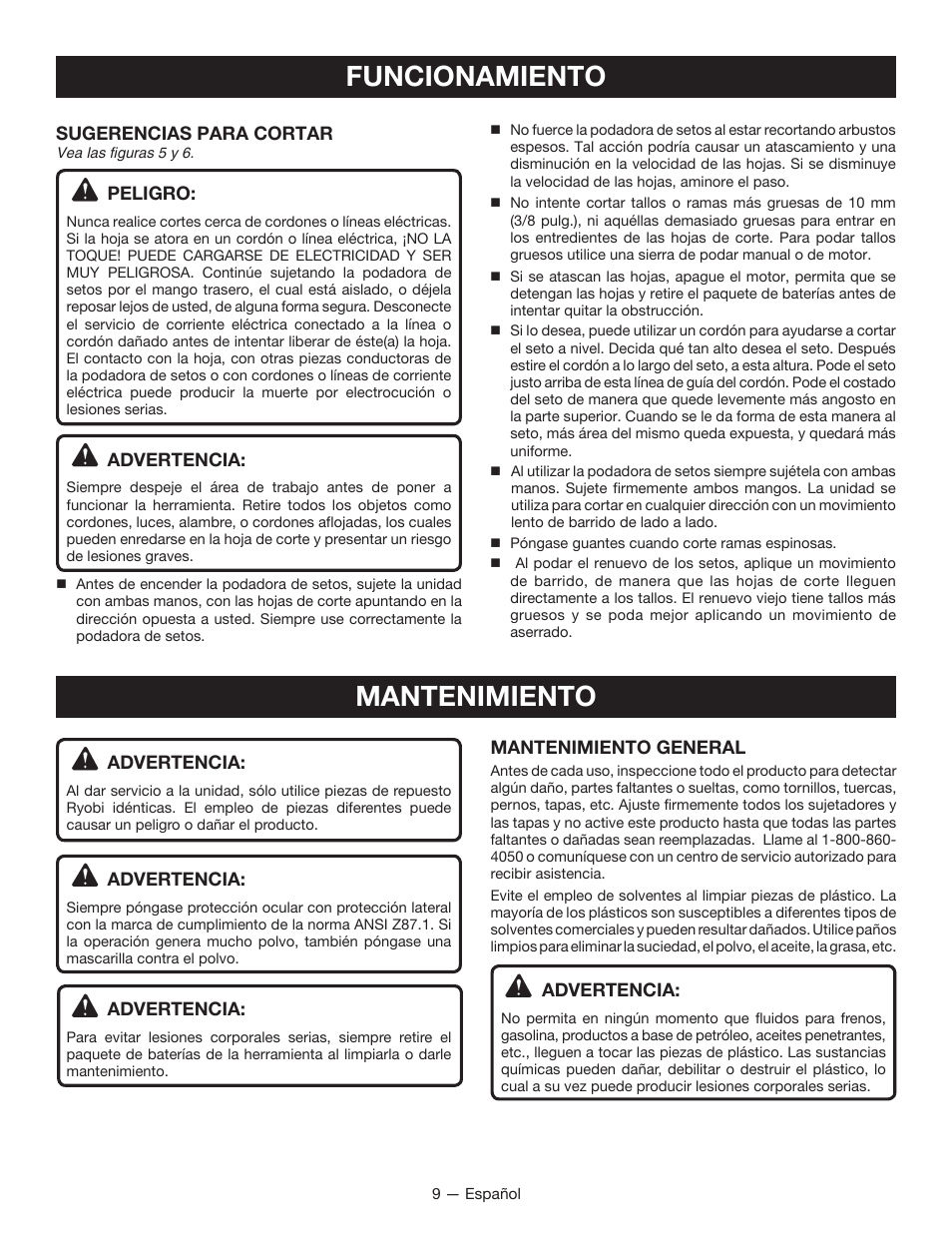 Funcionamiento, Mantenimiento | Ryobi P2605 User Manual | Page 29 / 34