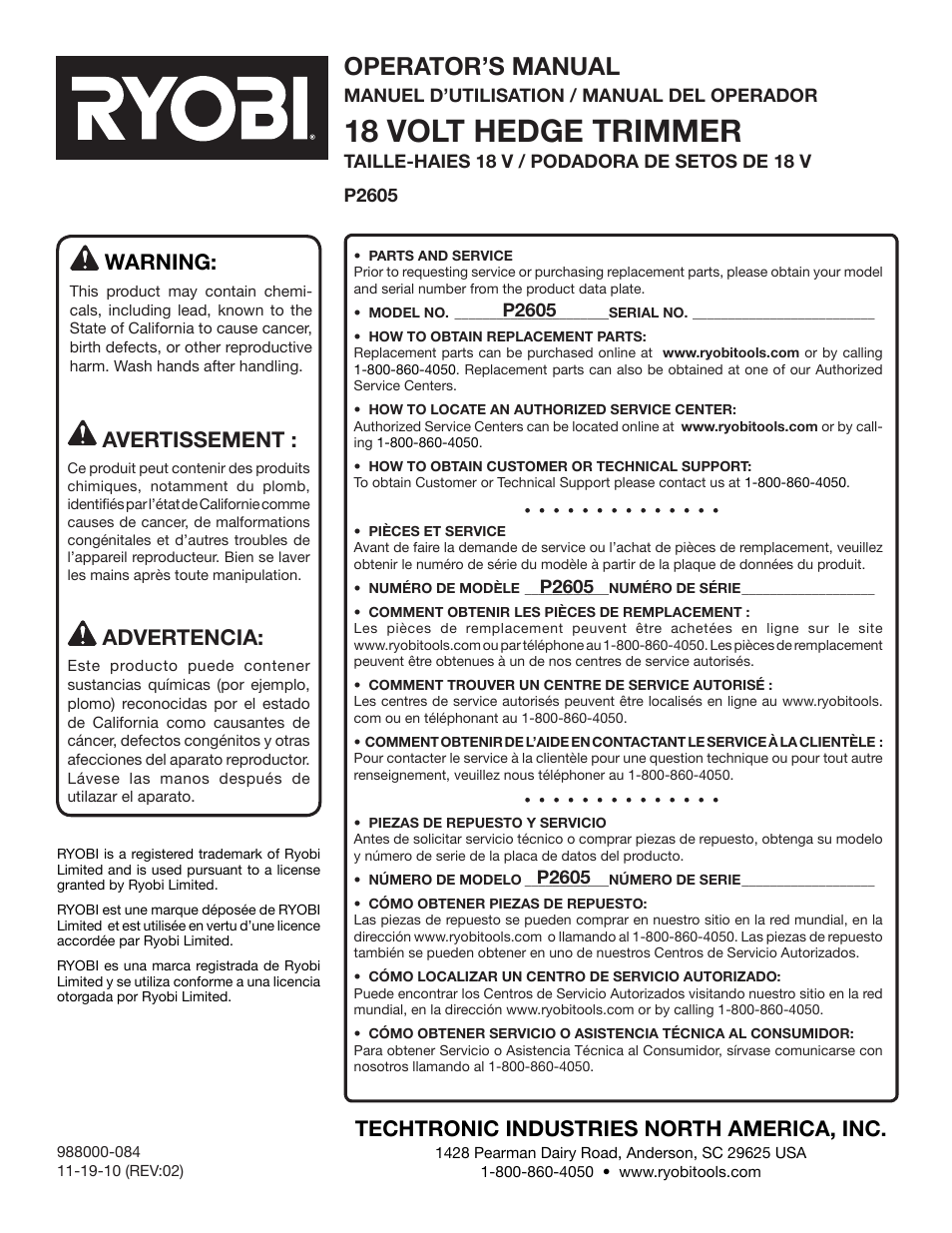 18 volt hedge trimmer, Operator’s manual, Techtronic industries north america, inc | Warning, Avertissement, Advertencia | Ryobi P2605 User Manual | Page 34 / 34