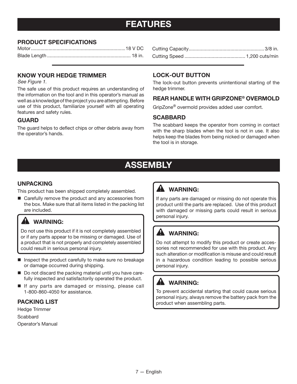 Features assembly | Ryobi P2605 User Manual | Page 9 / 34