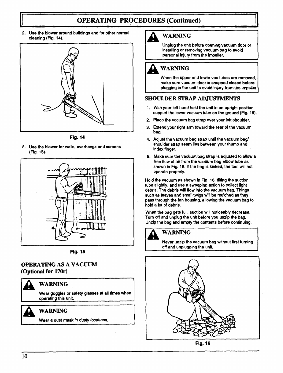 Operating as a vacuum (optional for 170r), Warning, A warning | Shoulder strap adjustments, E. shoulder strap adjustment, Operating procedures (continued) | Ryobi 170r User Manual | Page 10 / 13