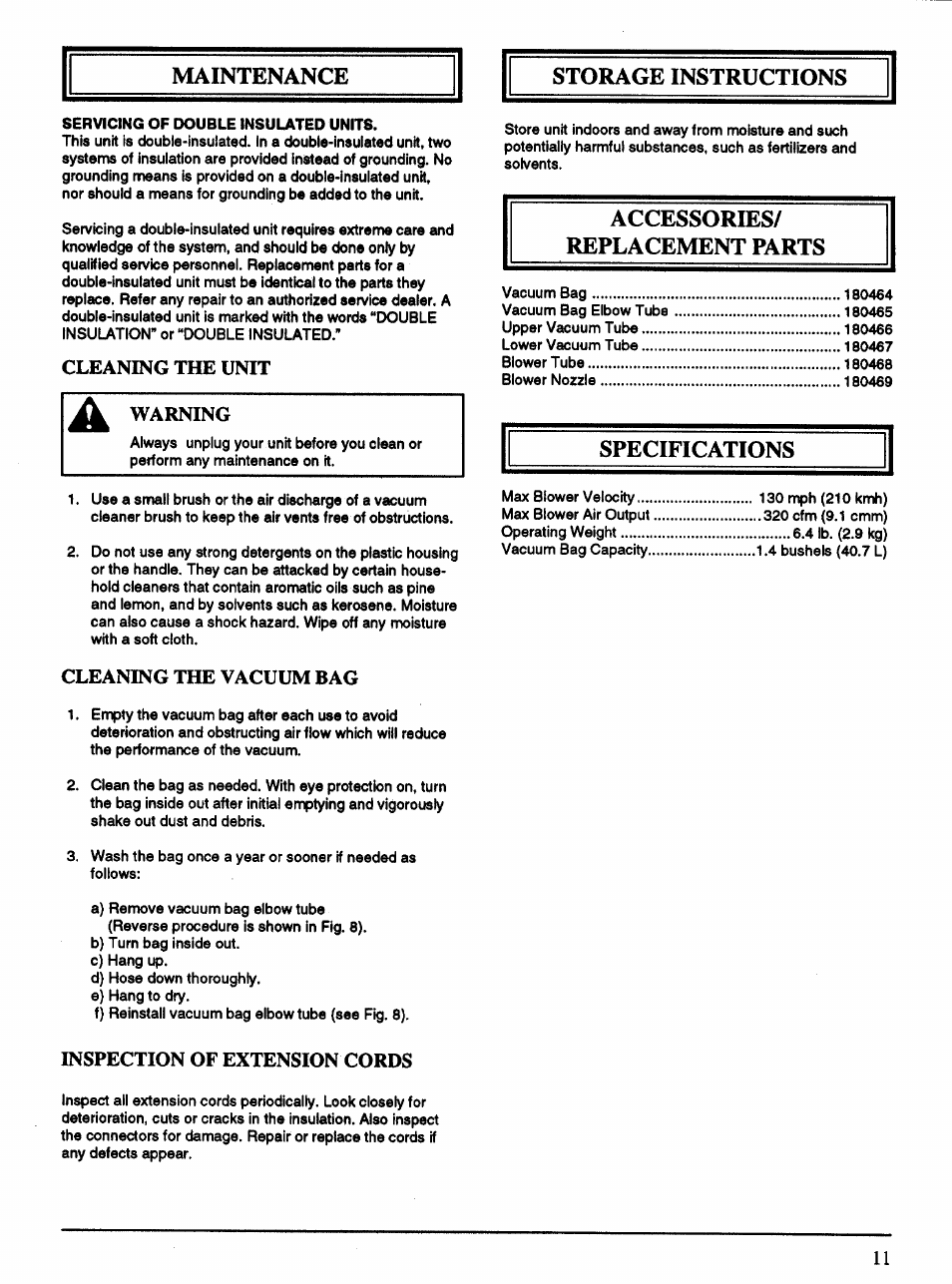 Cleaning the unit, Warning, Cleaning the vacuum bag | Inspection of extension cords, Maintenance, Storage instructions, Accessories/ replacement parts, Specifications | Ryobi 170r User Manual | Page 11 / 13