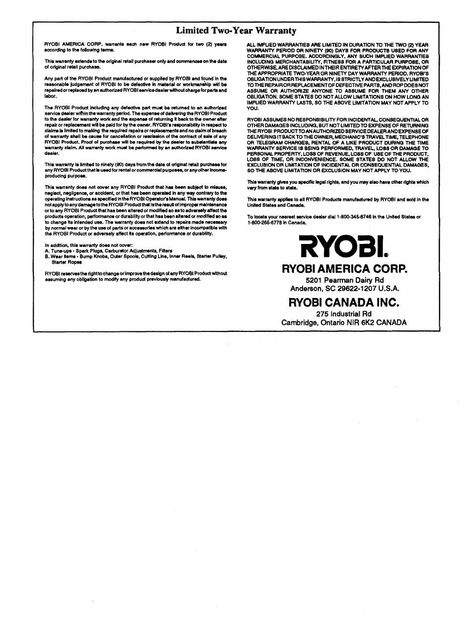 Limited two-year warranty, Ryobi, Ryobi america corp | Ryobi canada inc | Ryobi 170r User Manual | Page 12 / 13