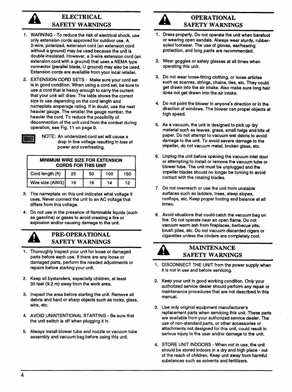 Electrical safety warnings, Pre-operational safety warnings, Operational safety warnings | Maintenance safety warnings, A. electrical safety warnings | Ryobi 170r User Manual | Page 4 / 13