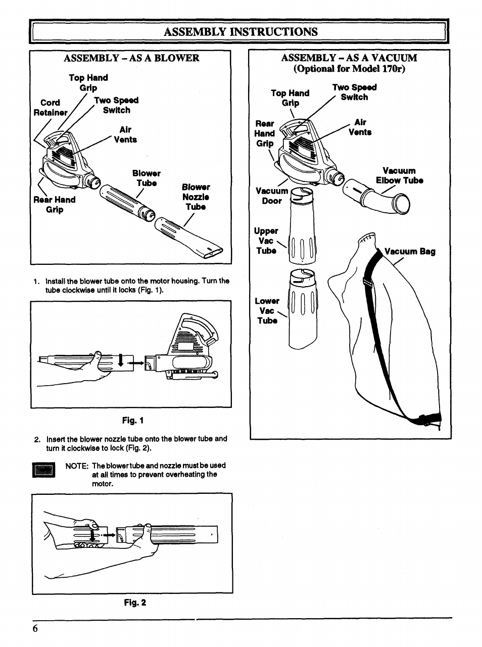 Assembly - as a vacuum (optional for model 170r), Assembly instructions | Ryobi 170r User Manual | Page 6 / 13