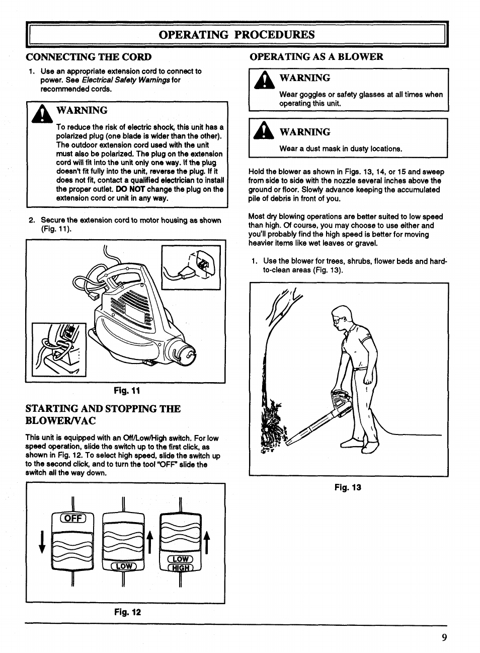 Connecting the cord, Operating as a blower, Warning | Starting and stopping the blowera^ac, A. connecting the cord, C. operating as a blower, Operating procedures | Ryobi 170r User Manual | Page 9 / 13