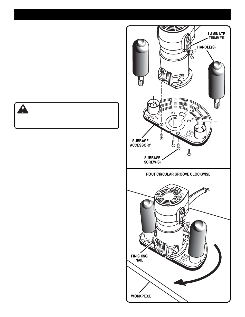 Accessories, Warning, Trimming with subbase accessory | Routing grooves in a circle | Ryobi TR31-1 User Manual | Page 14 / 16