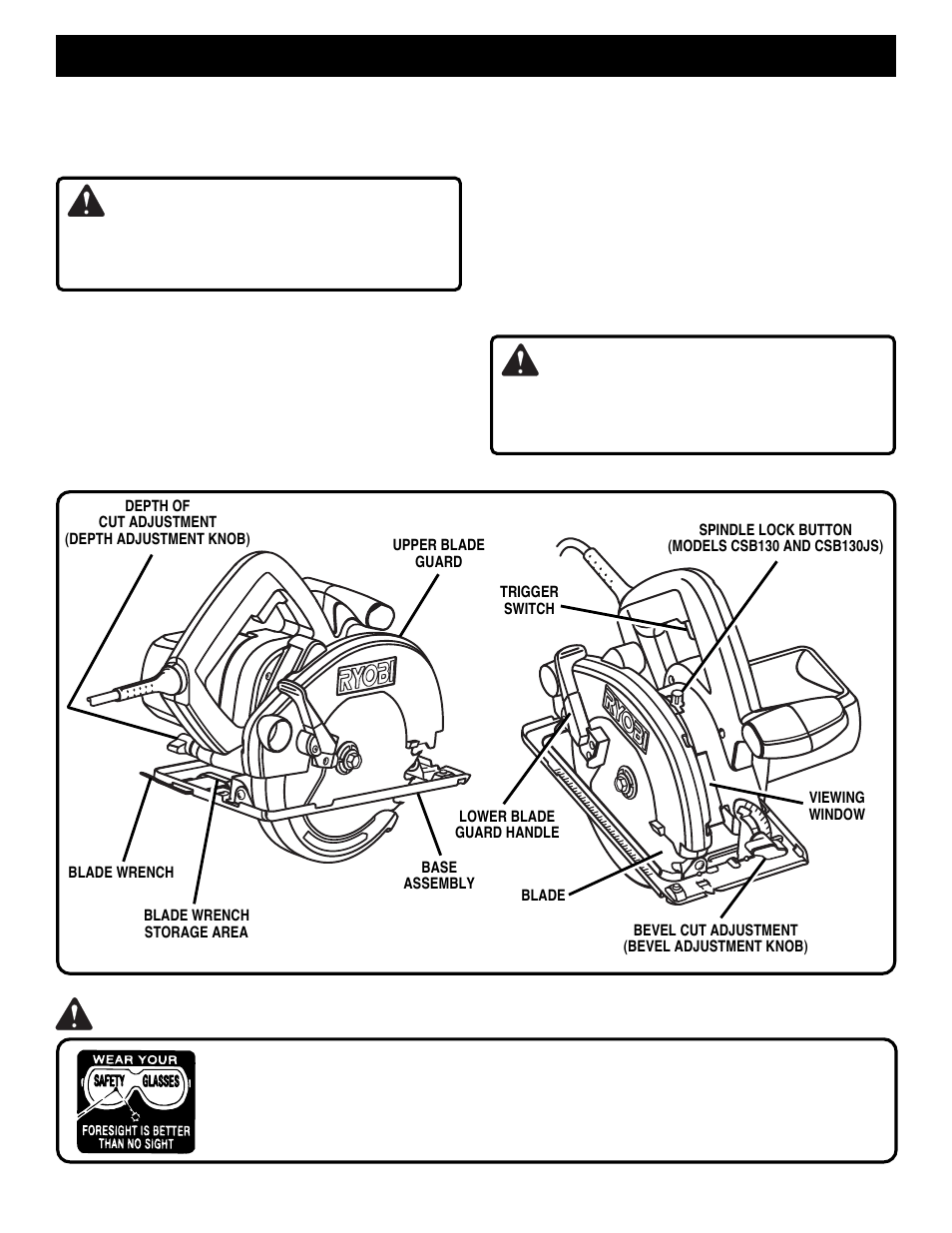 Features, Warning | Ryobi CSB130JS User Manual | Page 6 / 22