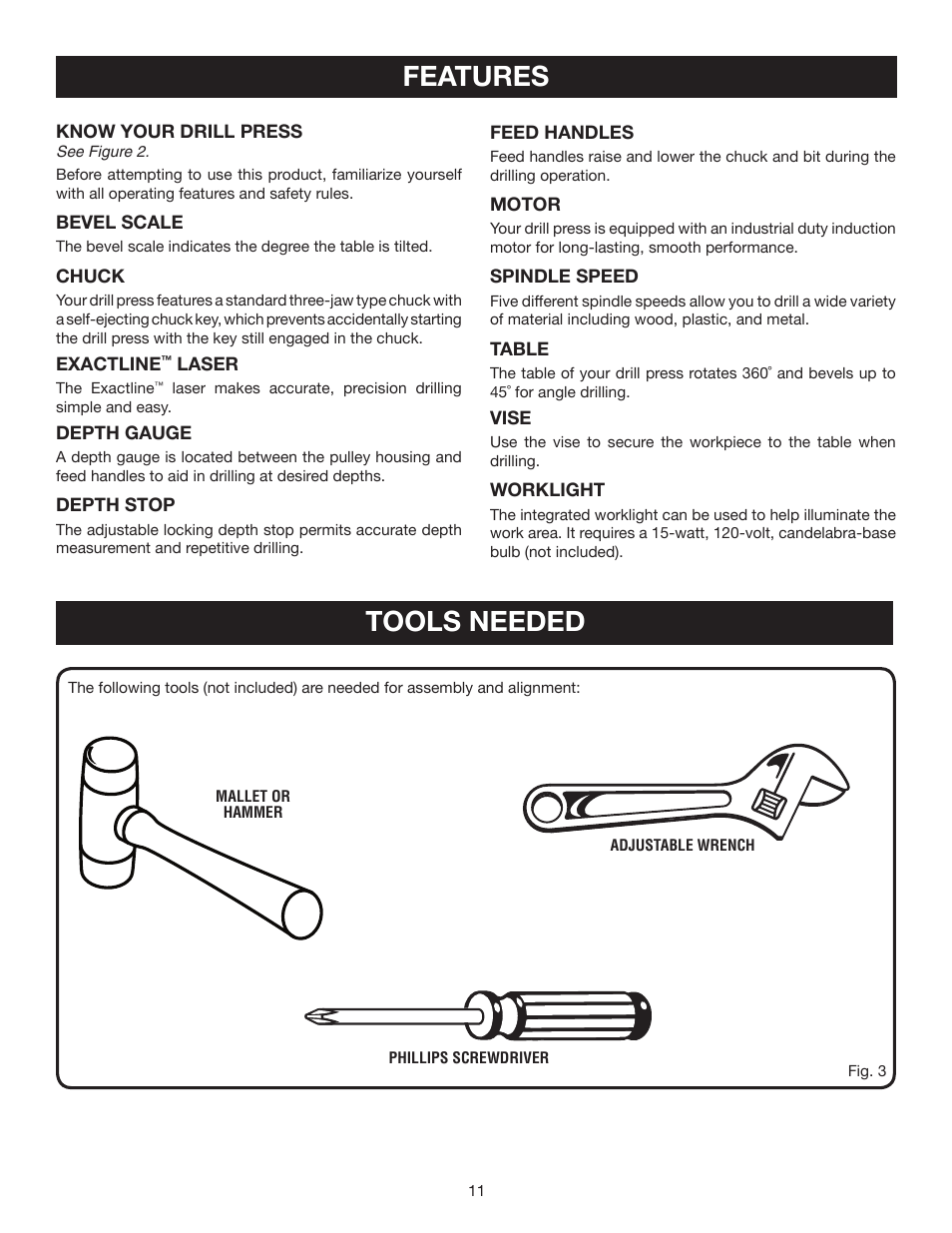 Features, Tools needed | Ryobi DP102L User Manual | Page 11 / 26