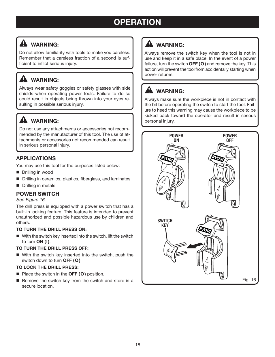 Operation | Ryobi DP102L User Manual | Page 18 / 26