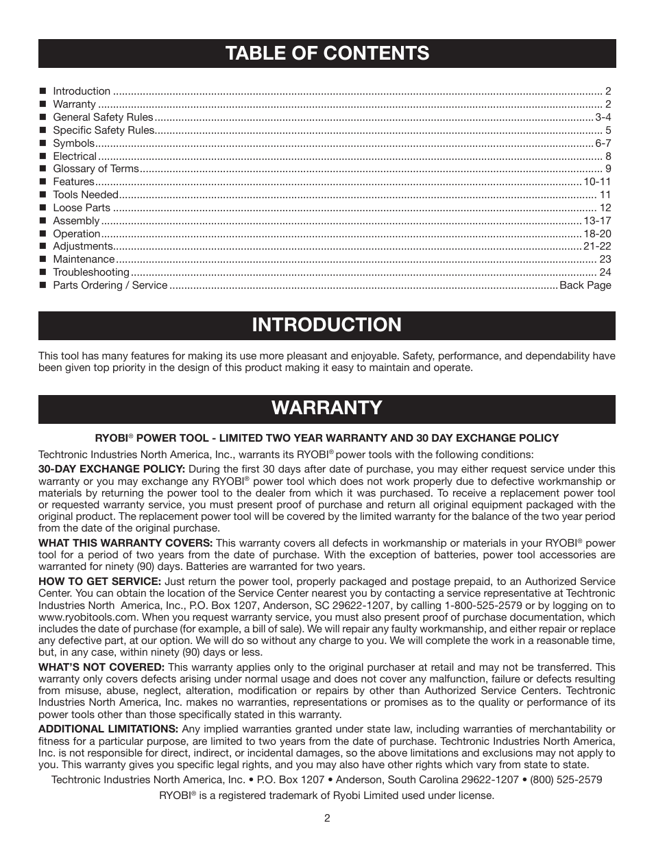 Table of contents introduction, Warranty | Ryobi DP102L User Manual | Page 2 / 26