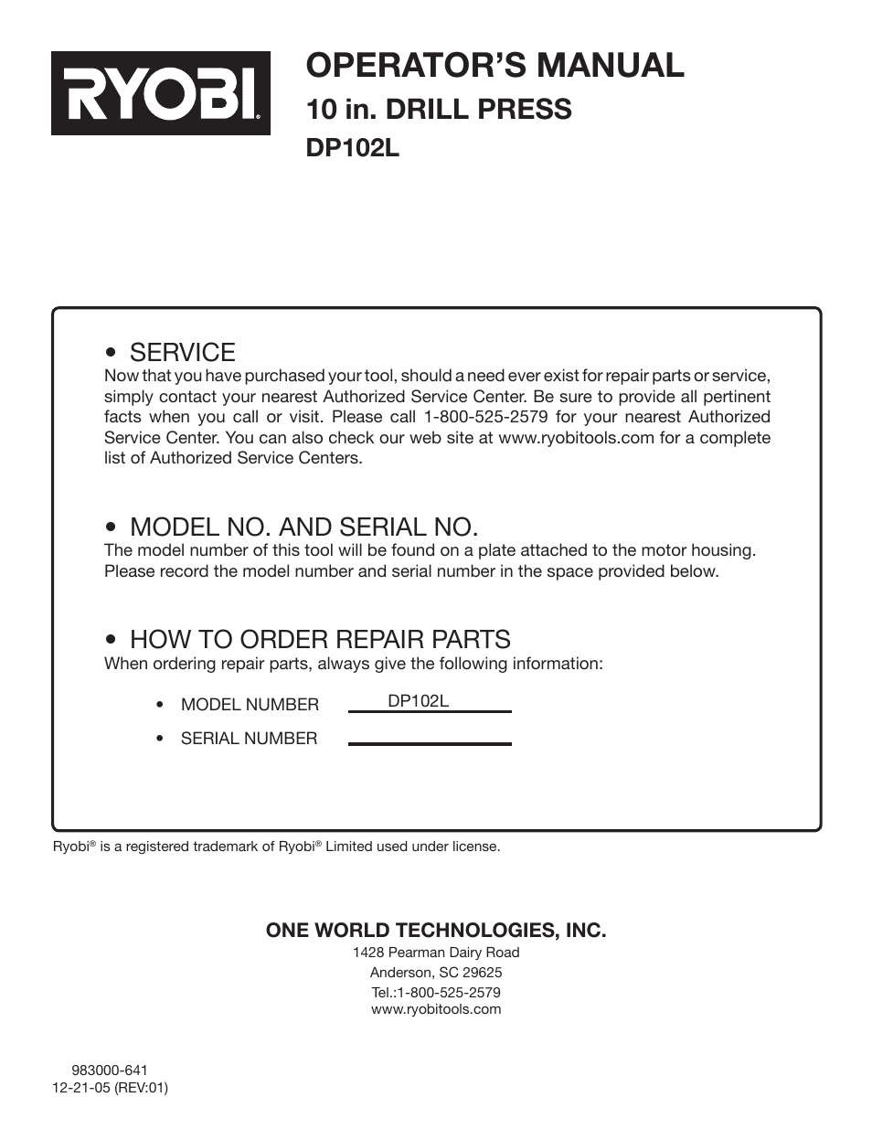 Operator’s manual, 10 in. drill press, Dp102l | Service, Model no. and serial no, How to order repair parts | Ryobi DP102L User Manual | Page 26 / 26