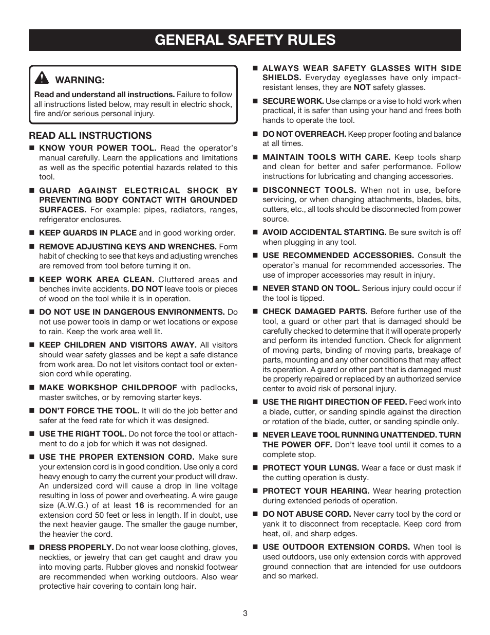 General safety rules | Ryobi DP102L User Manual | Page 3 / 26