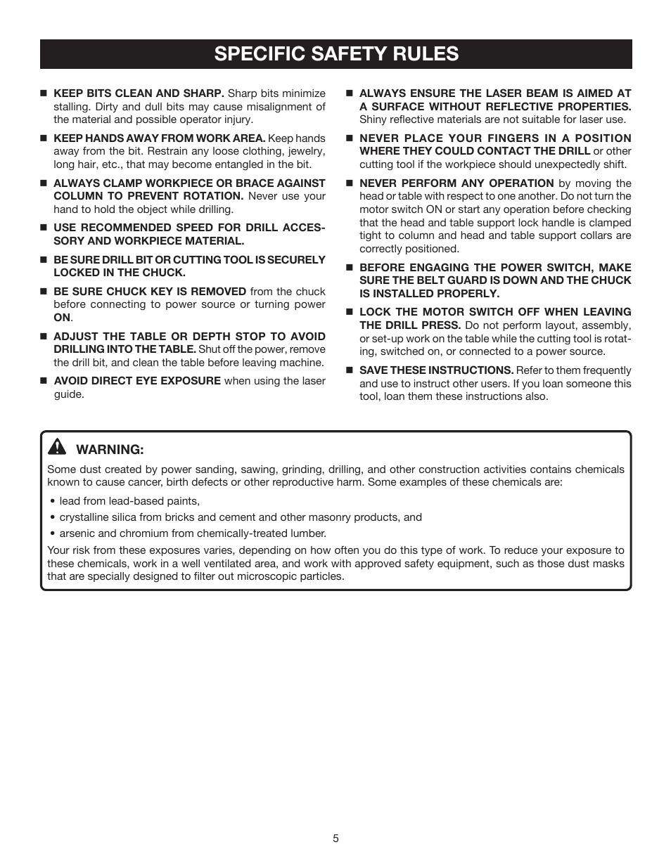 Specific safety rules | Ryobi DP102L User Manual | Page 5 / 26