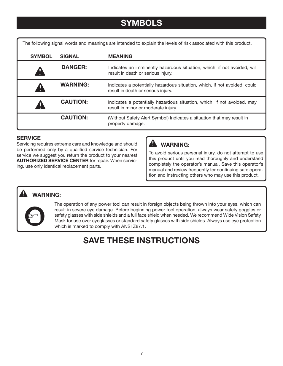 Symbols, Save these instructions | Ryobi DP102L User Manual | Page 7 / 26