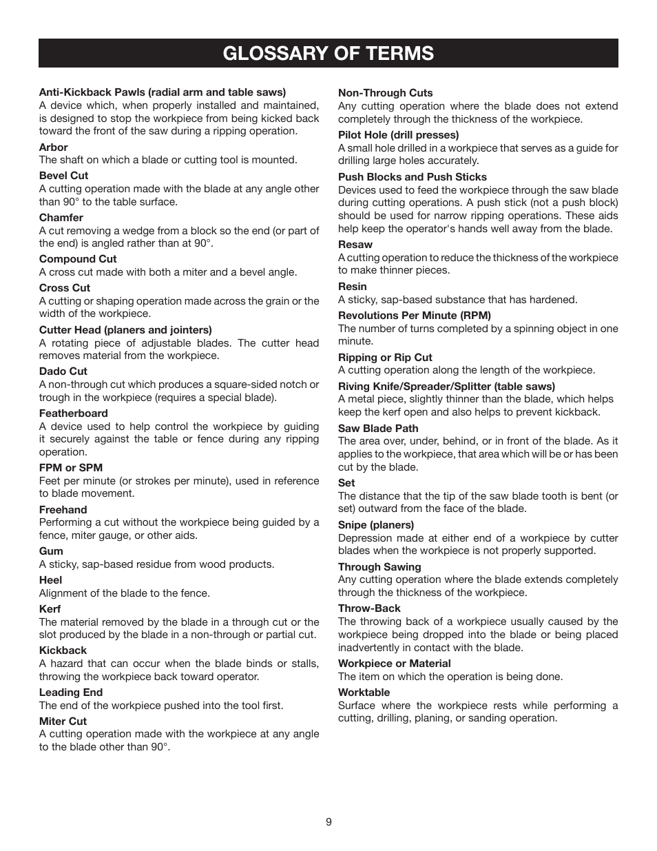 Glossary of terms | Ryobi DP102L User Manual | Page 9 / 26