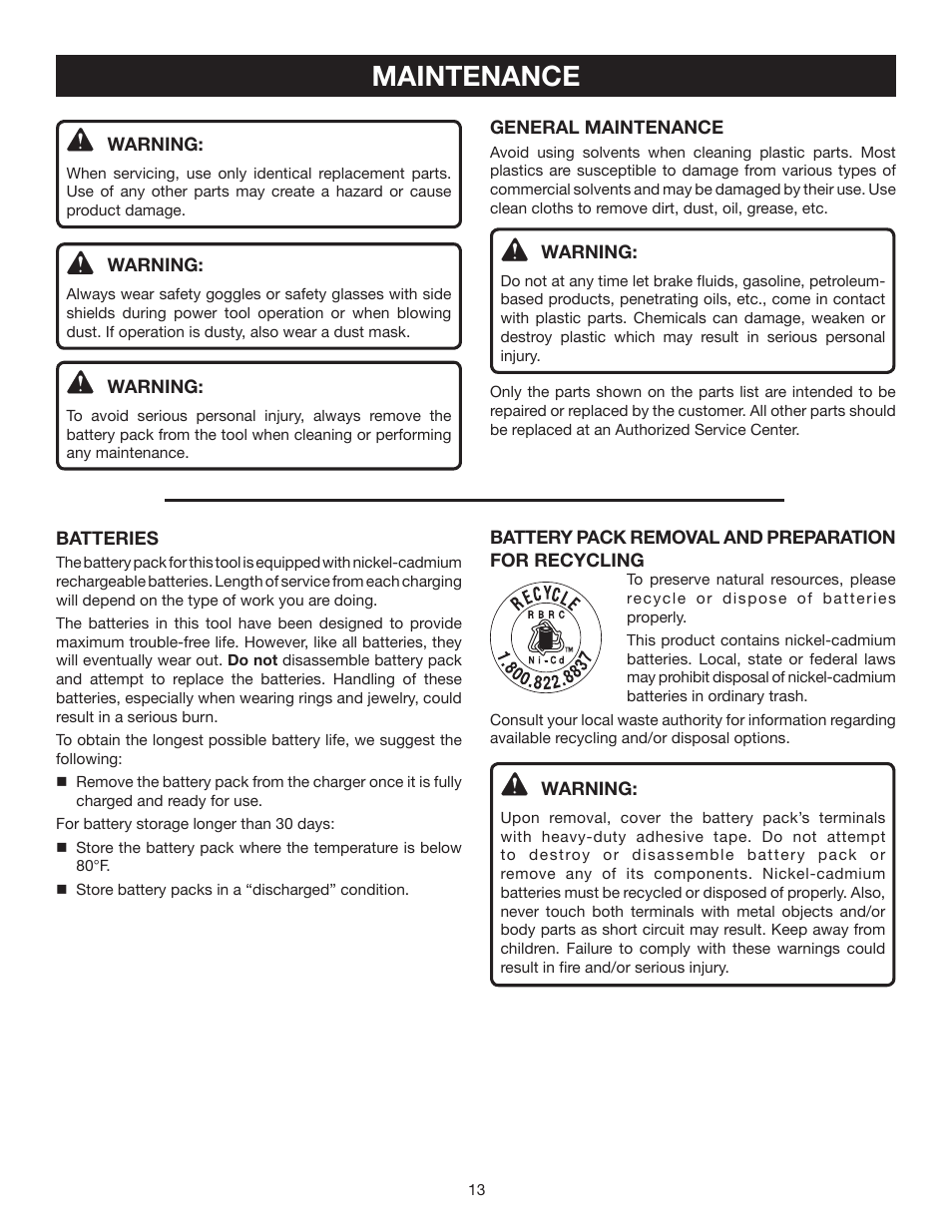 Maintenance | Ryobi P301 User Manual | Page 13 / 14