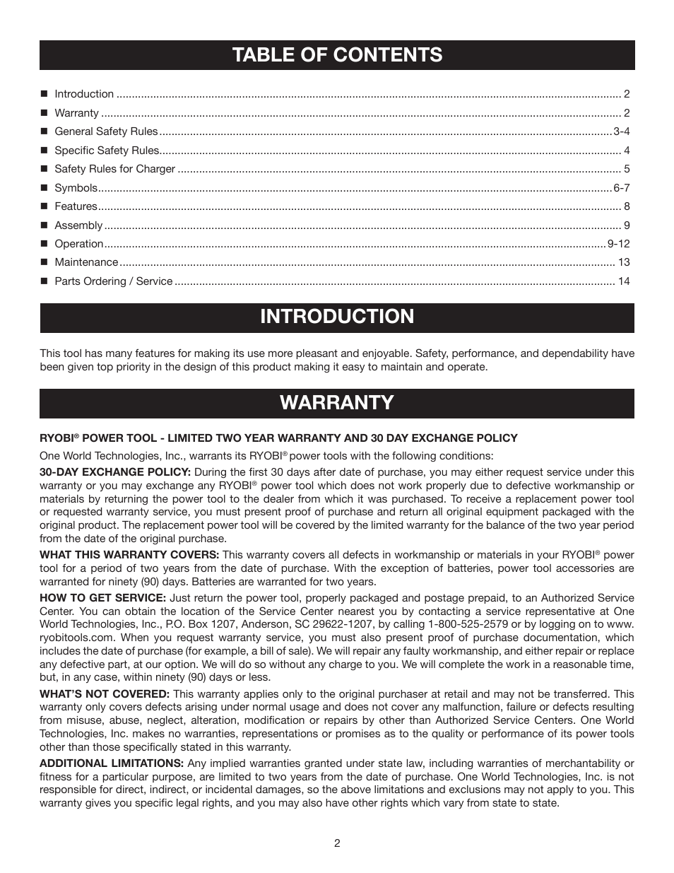 Table of contents introduction, Warranty | Ryobi P301 User Manual | Page 2 / 14