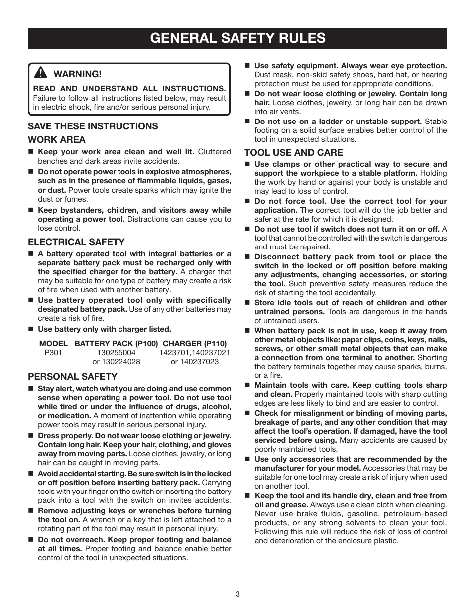 General safety rules | Ryobi P301 User Manual | Page 3 / 14