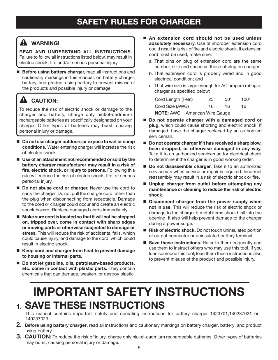 Important safety instructions, Save these instructions, Safety rules for charger | Ryobi P301 User Manual | Page 5 / 14