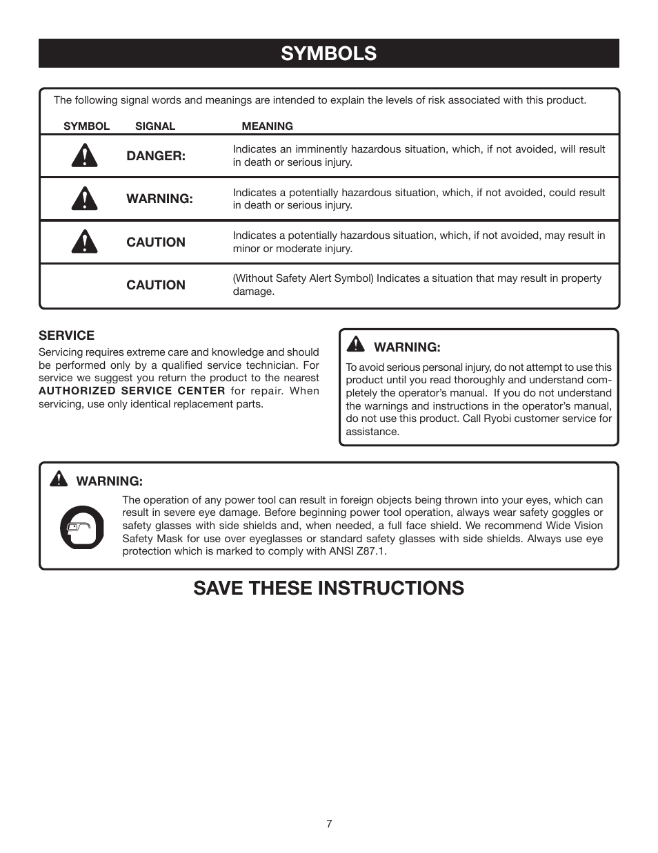 Symbols, Save these instructions | Ryobi P301 User Manual | Page 7 / 14