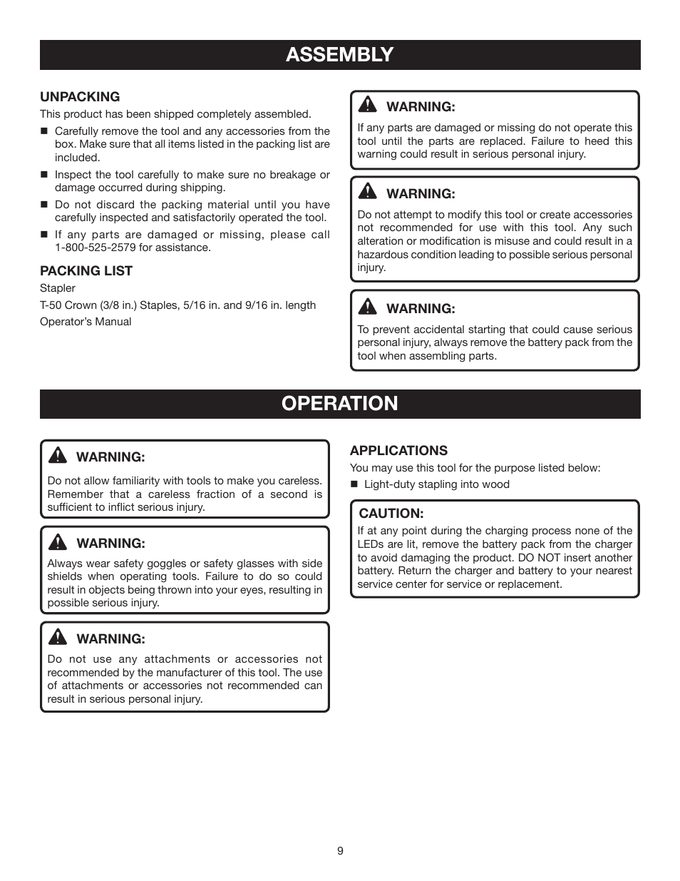 Assembly, Operation | Ryobi P301 User Manual | Page 9 / 14