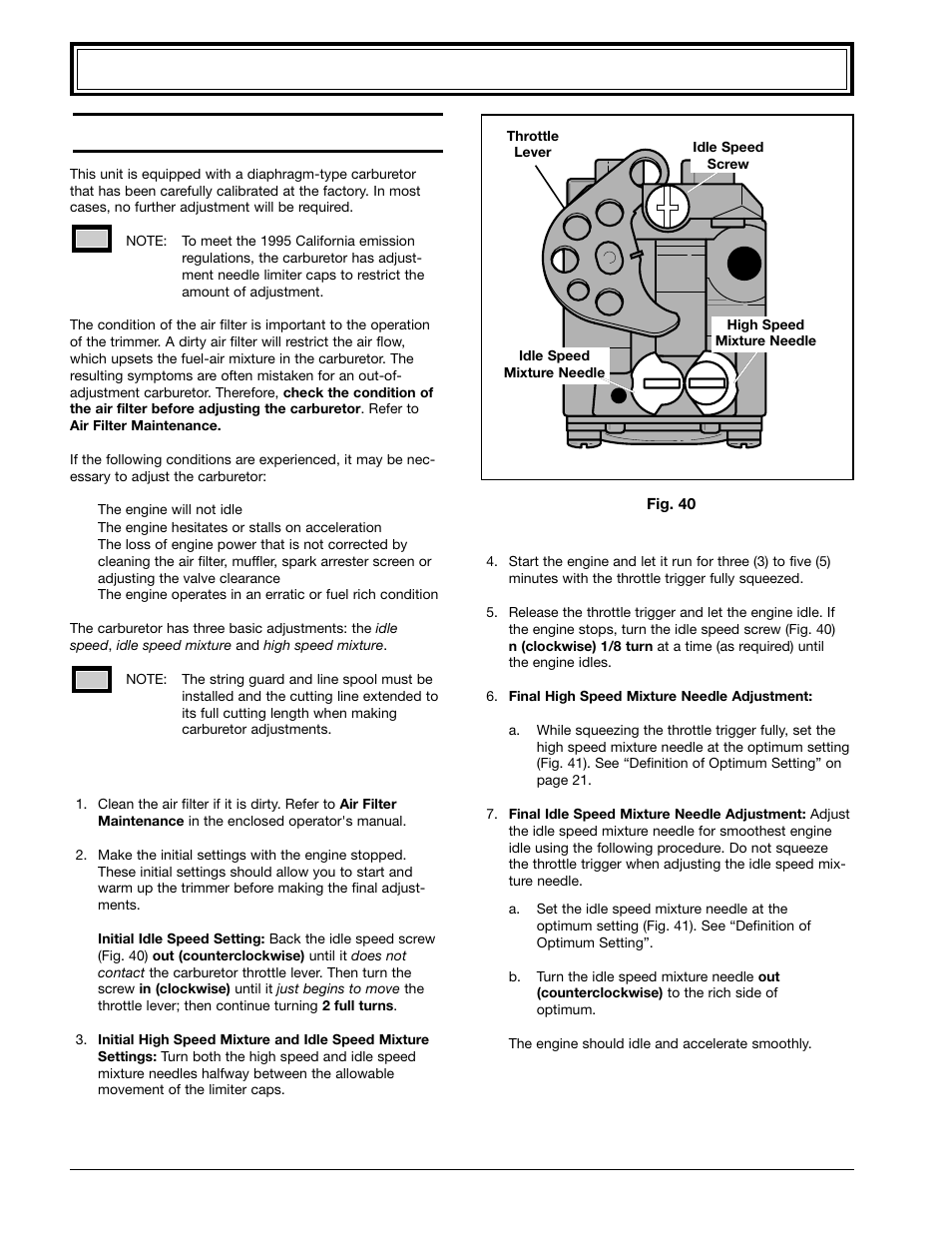 Maintenance and repair instructions (continued), Adjusting the carburetor, Carburetor adjustment | Ryobi 990r User Manual | Page 20 / 28