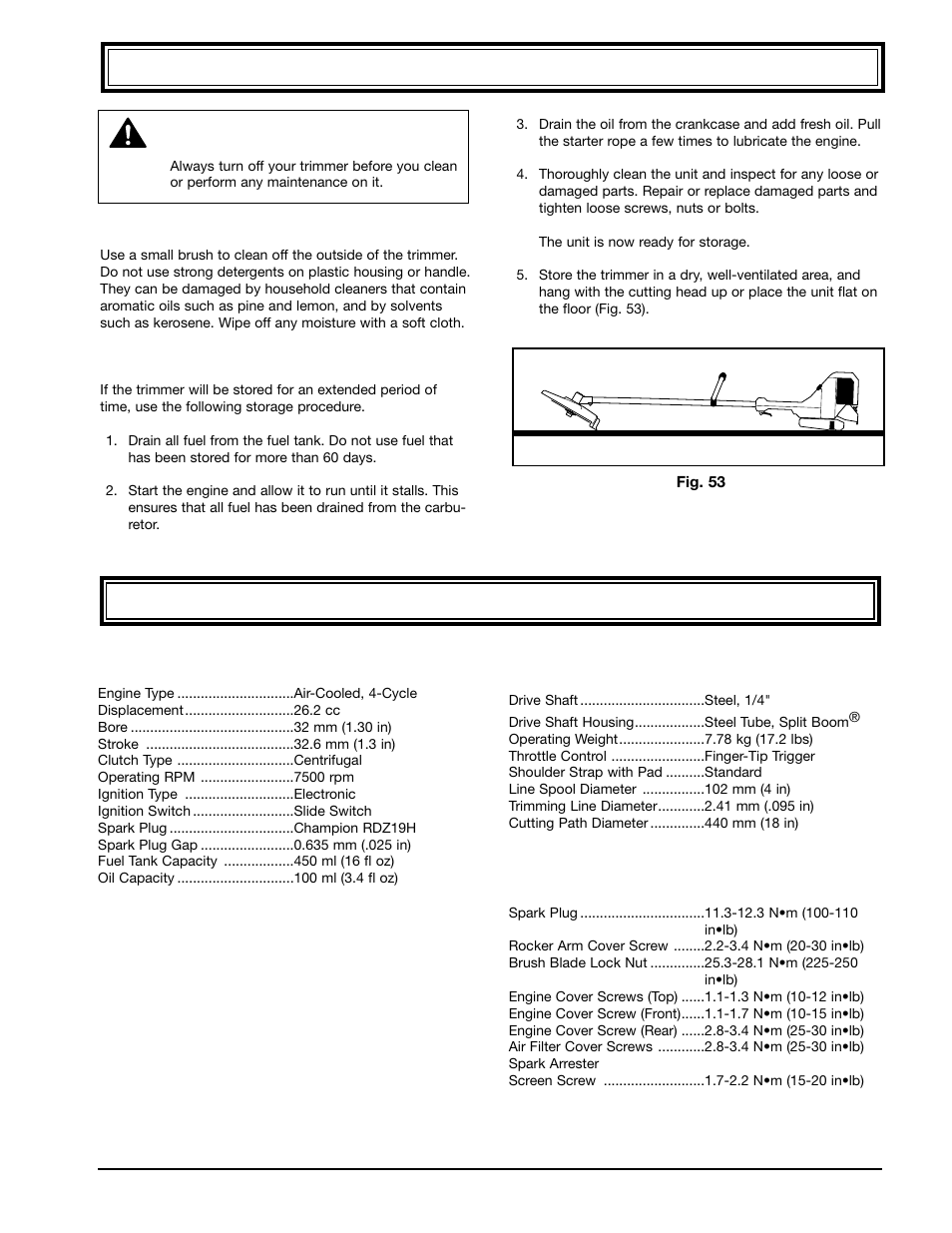 Cleaning and storage, Specifications | Ryobi 990r User Manual | Page 25 / 28