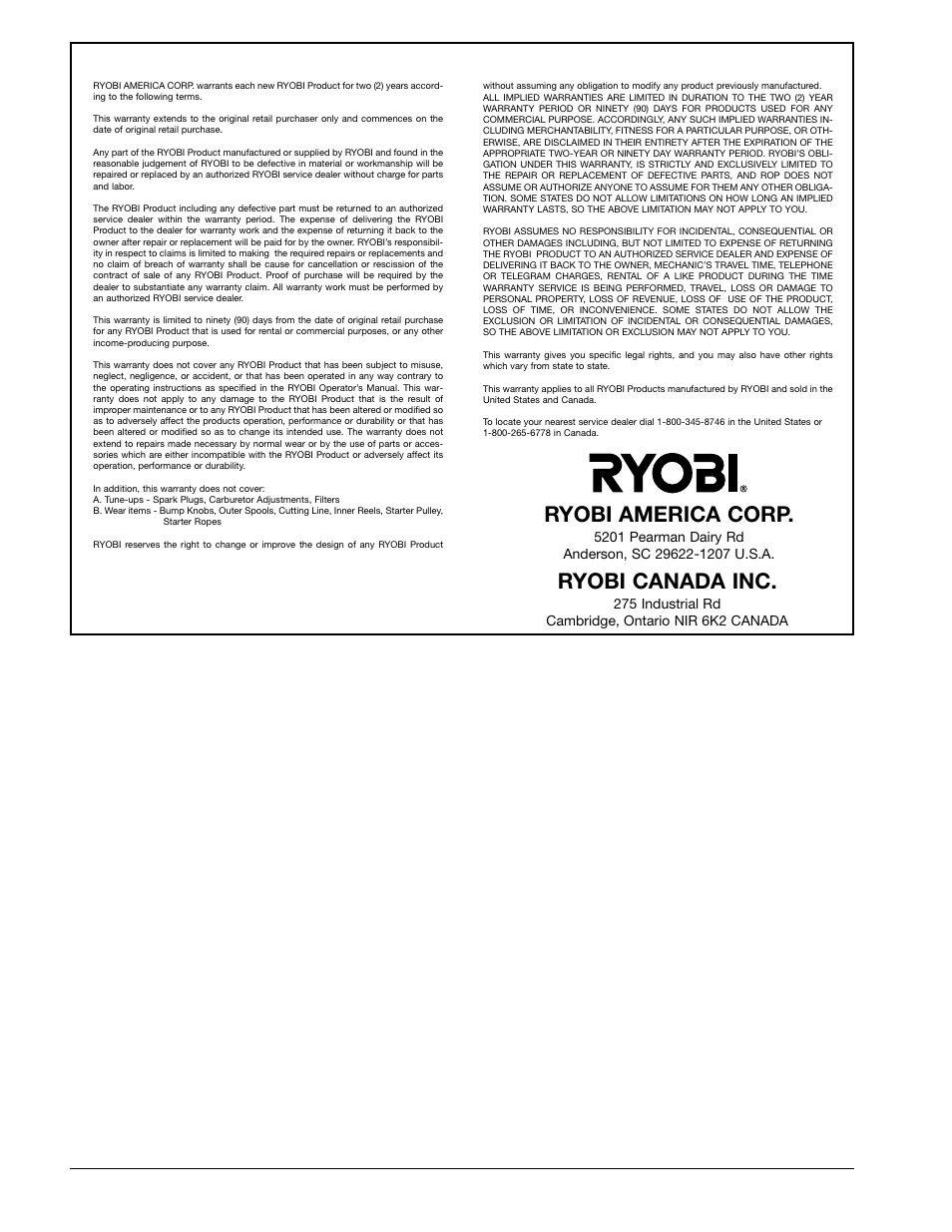 Ryobi america corp, Ryobi canada inc, 28 limited two-year warranty | Ryobi 990r User Manual | Page 28 / 28