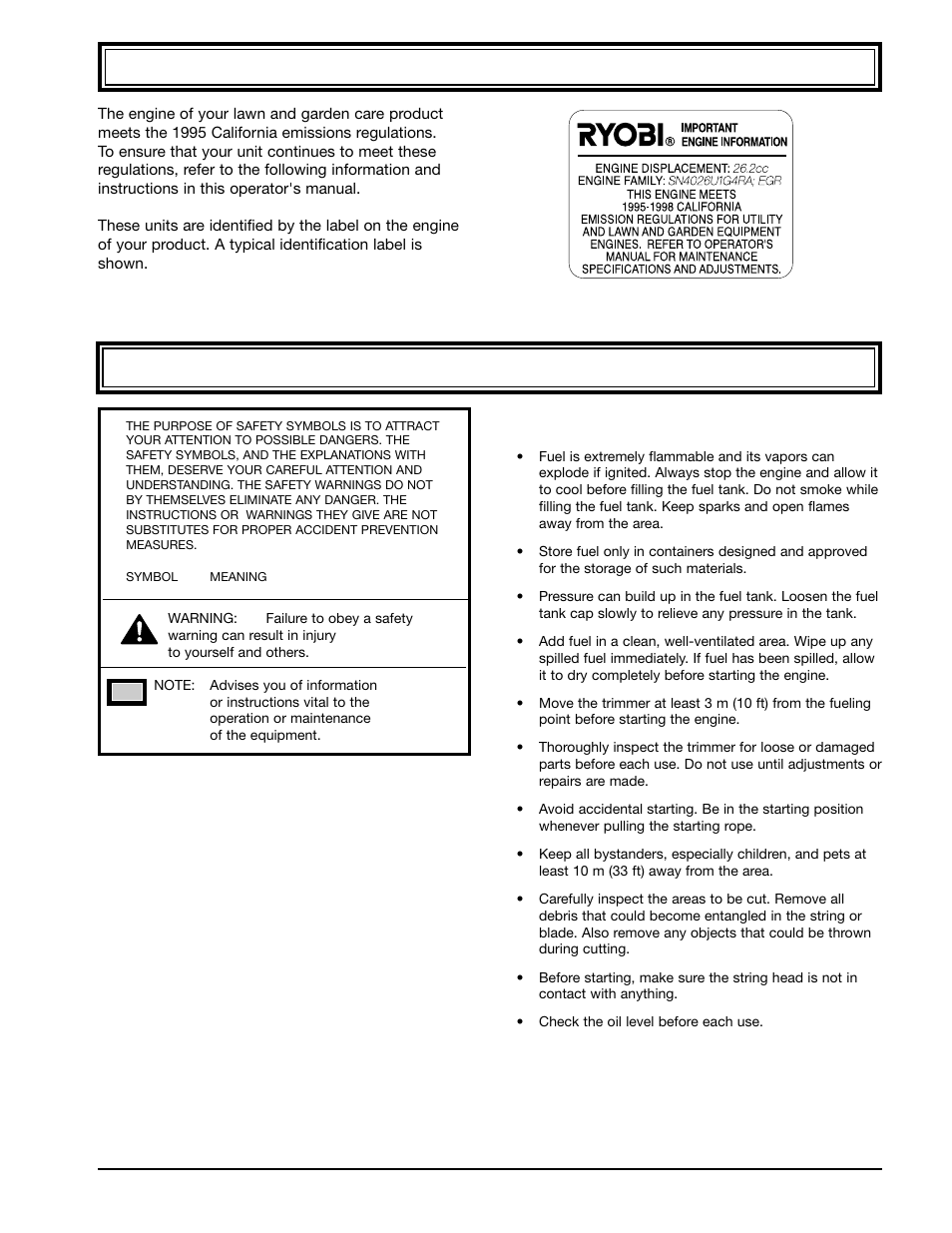 California emission regulations, Safety warnings, Fuel and pre-operational | Ryobi 990r User Manual | Page 3 / 28