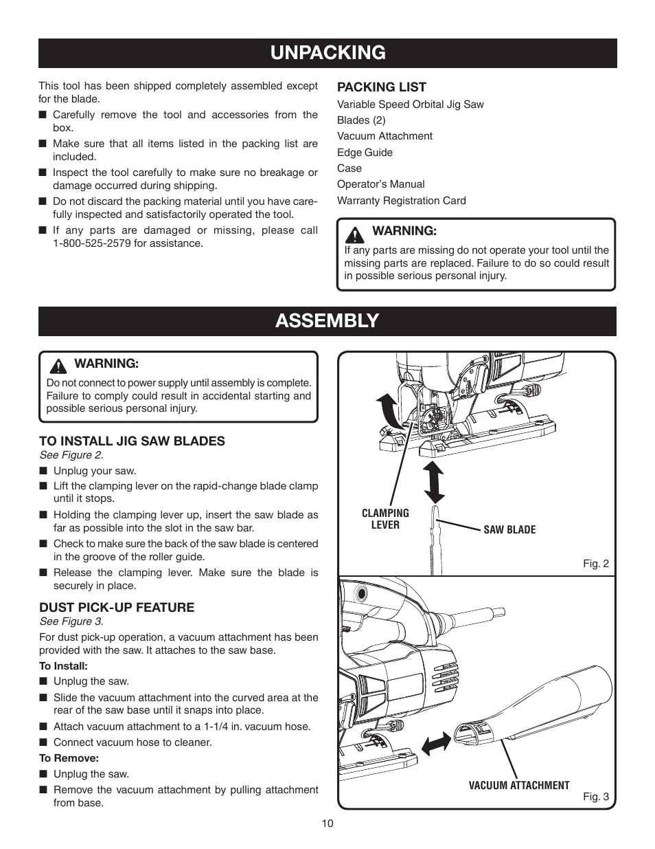 Unpacking, Assembly | Ryobi Jig Saw User Manual | Page 10 / 20
