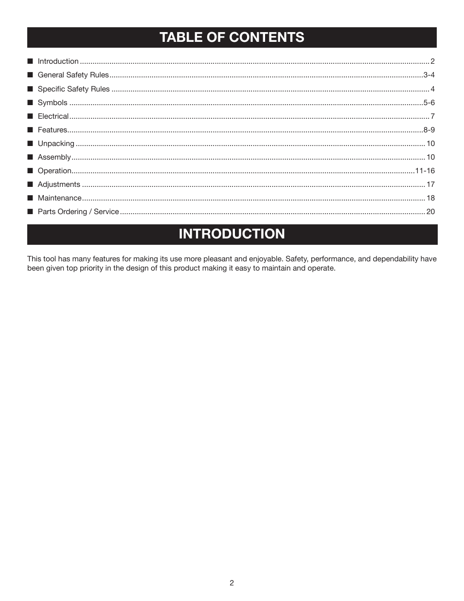 Table of contents introduction | Ryobi Jig Saw User Manual | Page 2 / 20