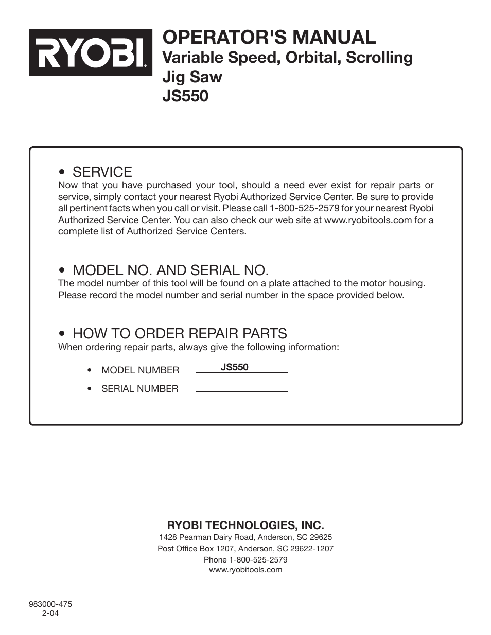 Operator's manual, Variable speed, orbital, scrolling jig saw js550, Service | Model no. and serial no, How to order repair parts | Ryobi Jig Saw User Manual | Page 20 / 20