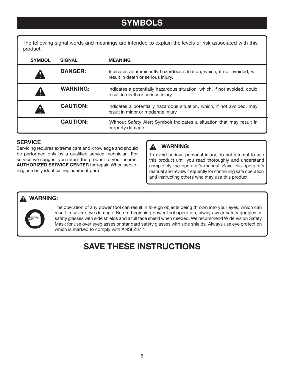 Symbols, Save these instructions | Ryobi Jig Saw User Manual | Page 6 / 20