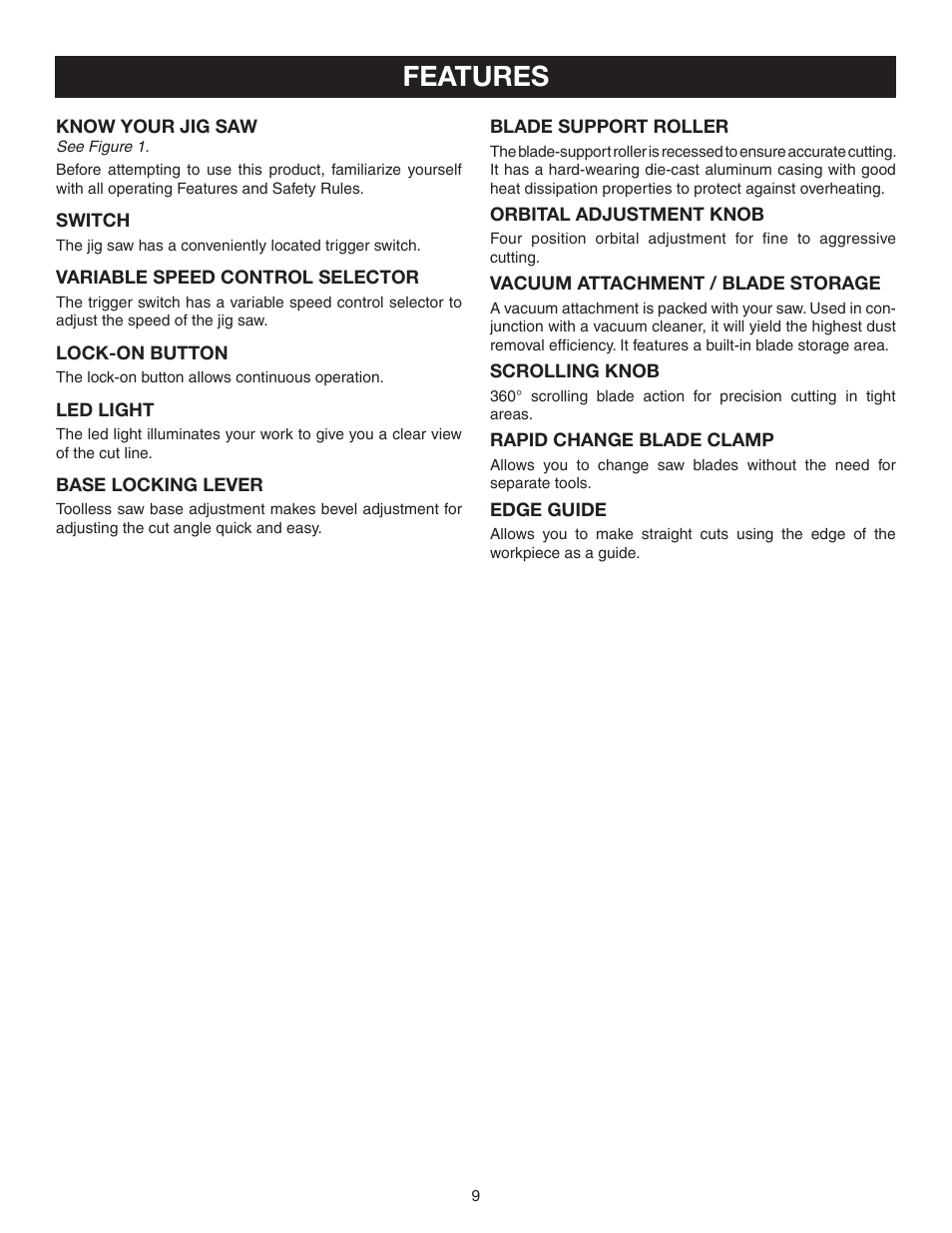 Features | Ryobi Jig Saw User Manual | Page 9 / 20