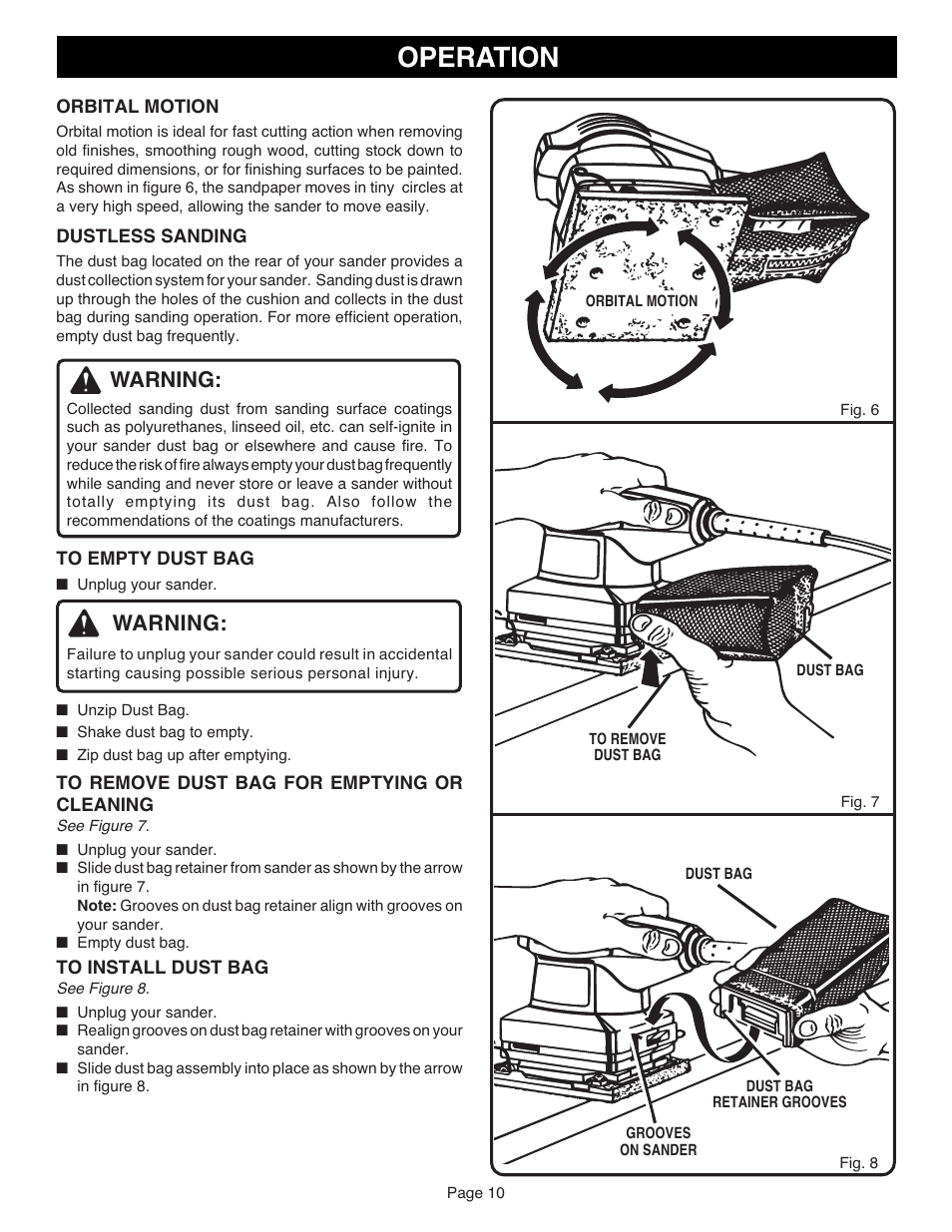 Operation, Warning | Ryobi S606D User Manual | Page 10 / 12