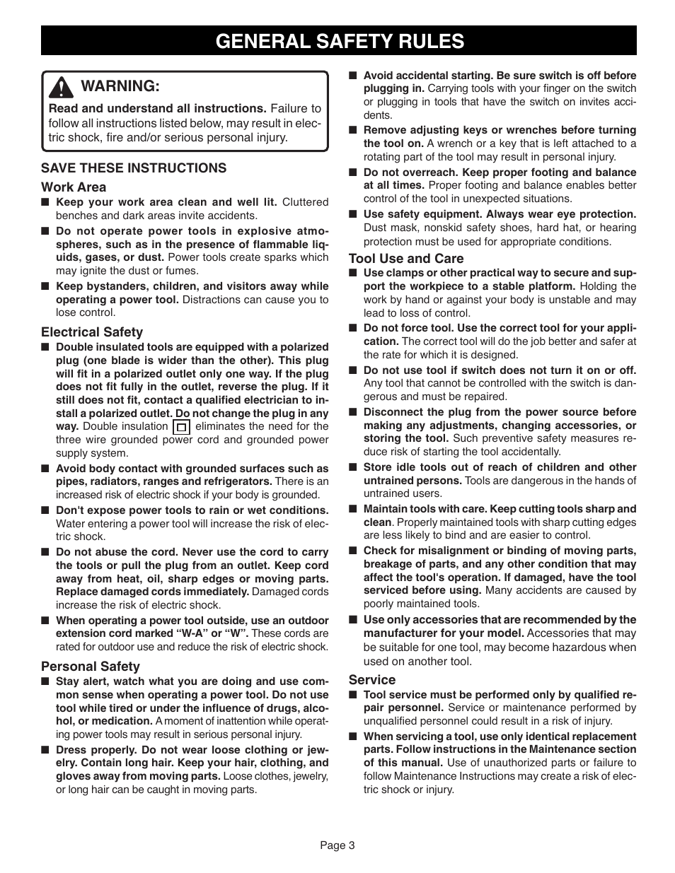 General safety rules, Warning | Ryobi S606D User Manual | Page 3 / 12