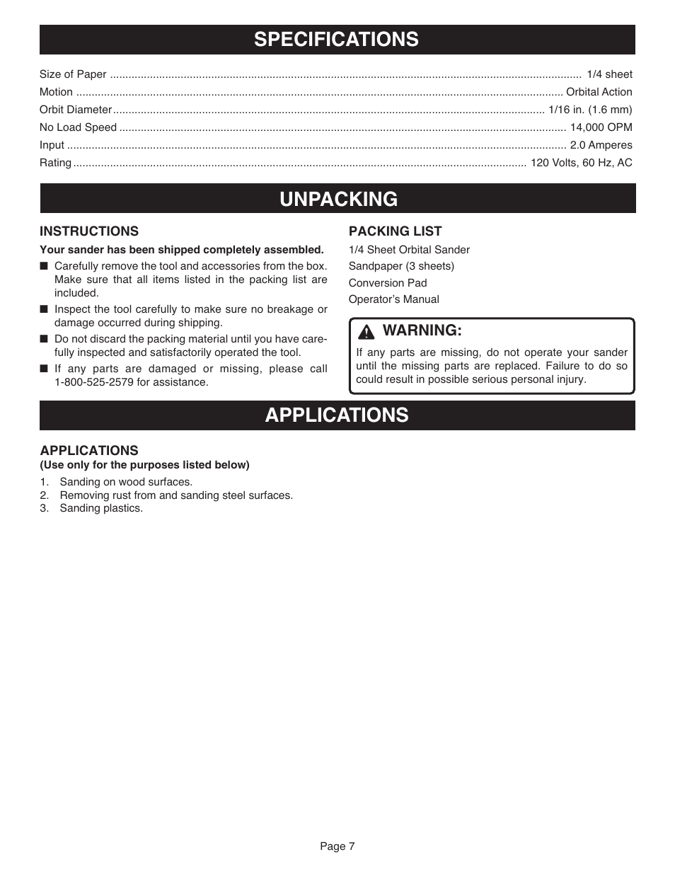 Specifications unpacking, Applications, Warning | Ryobi S606D User Manual | Page 7 / 12
