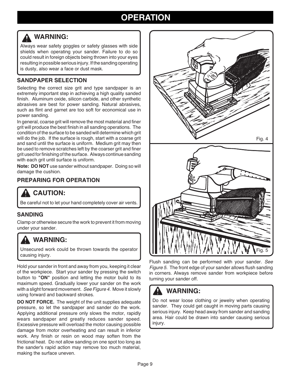 Operation, Warning, Caution | Ryobi S606D User Manual | Page 9 / 12