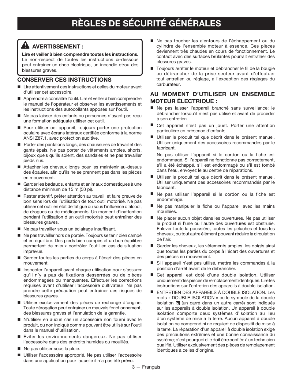Règles de sécurité générales, Avertissement, Conserver ces instructions | Au moment d’utiliser un ensemble moteur électrique | Ryobi RY15550 User Manual | Page 14 / 34