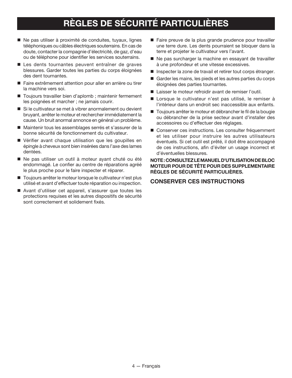 Règles de sécurité particulières | Ryobi RY15550 User Manual | Page 15 / 34