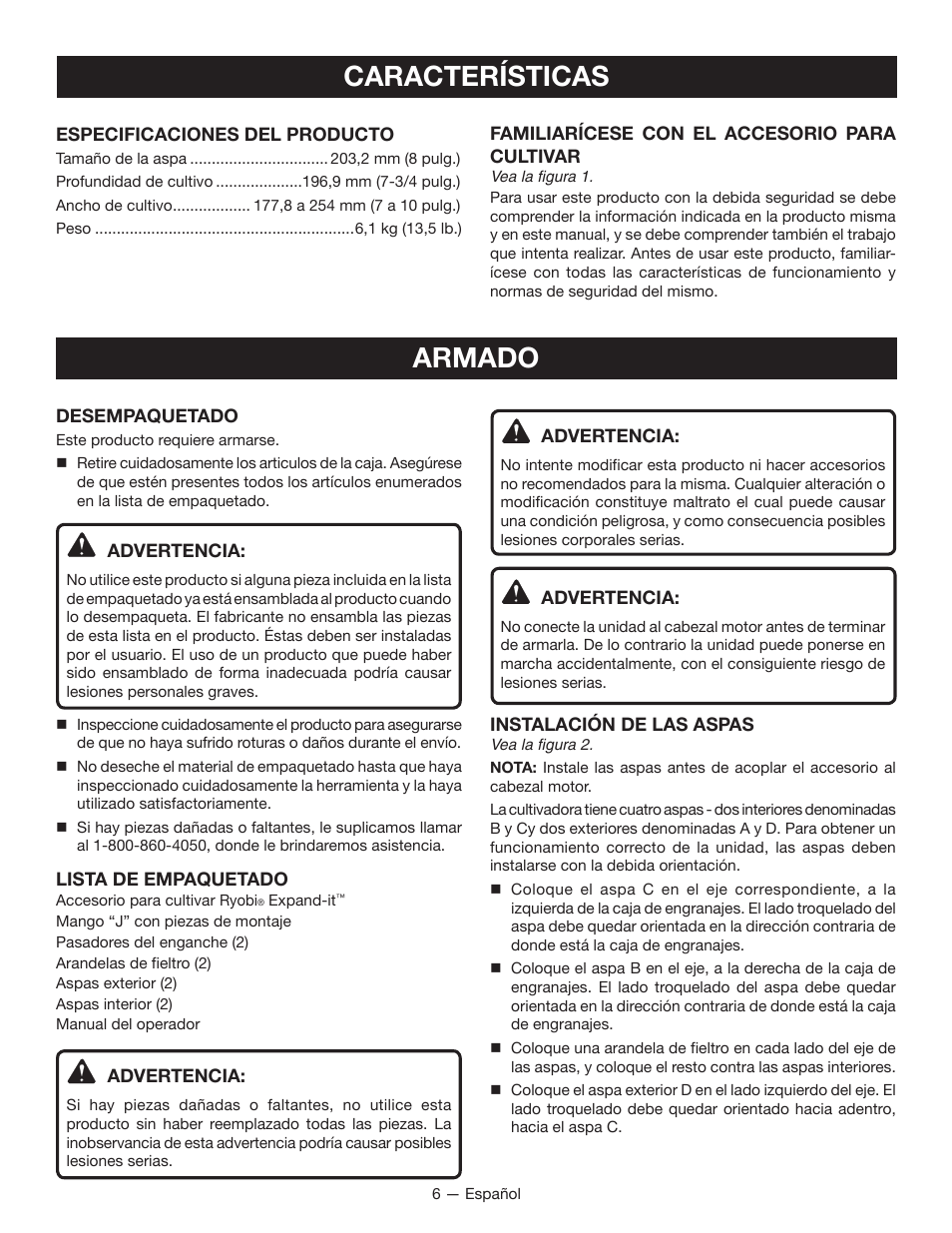 Características, Armado | Ryobi RY15550 User Manual | Page 26 / 34