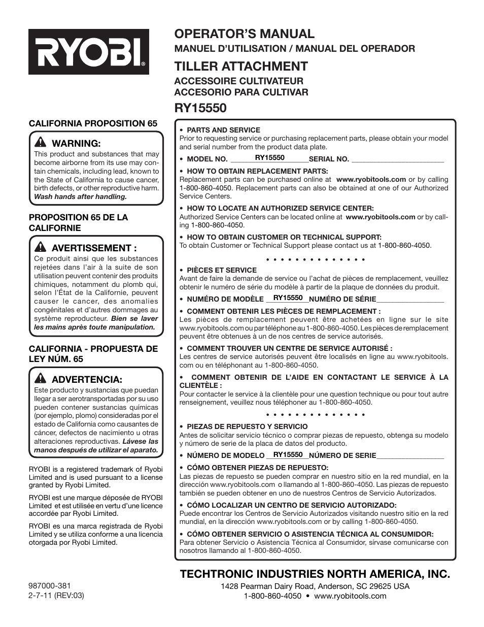 Operator’s manual, Tiller attachment, Techtronic industries north america, inc | Ryobi RY15550 User Manual | Page 34 / 34