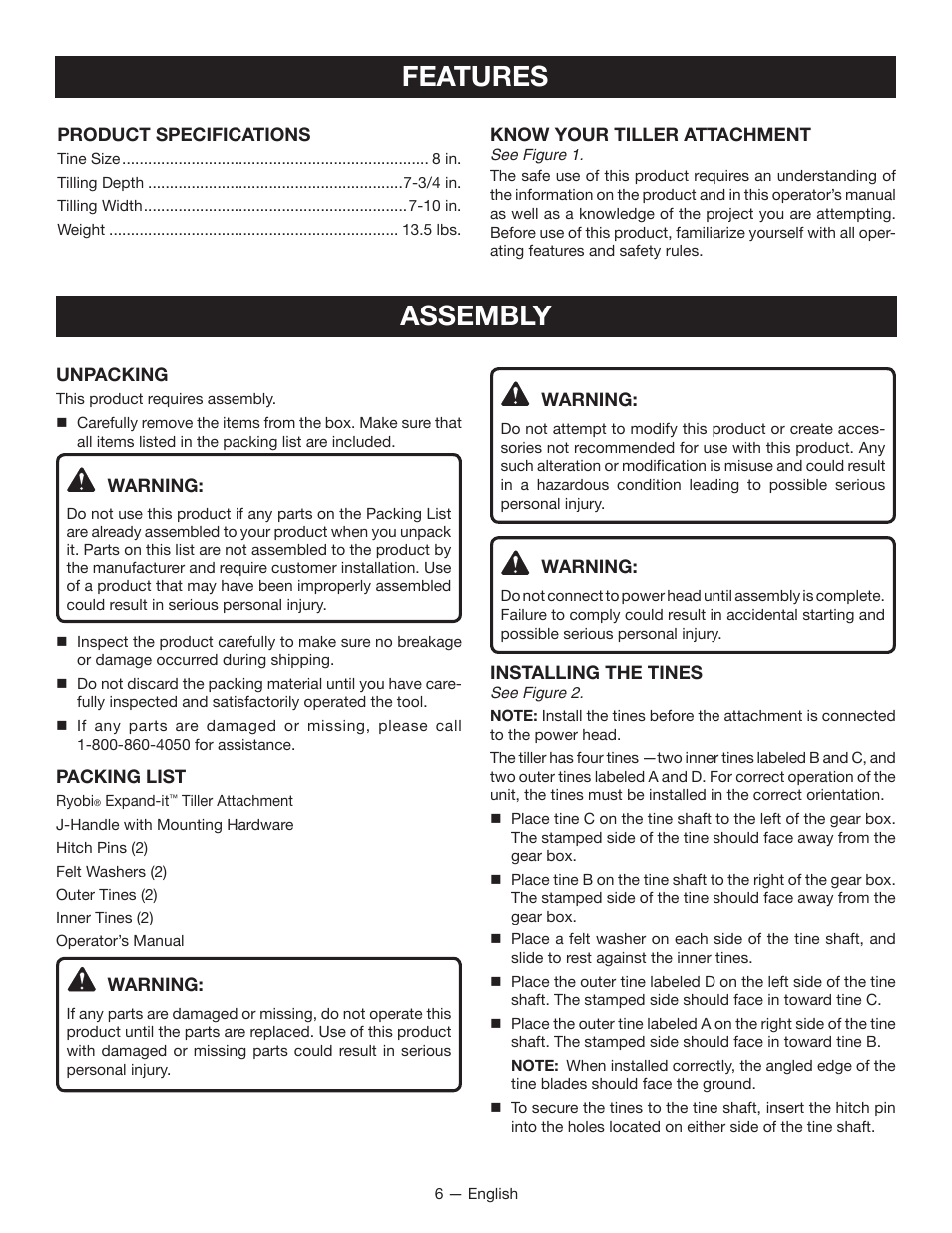 Features, Assembly | Ryobi RY15550 User Manual | Page 8 / 34