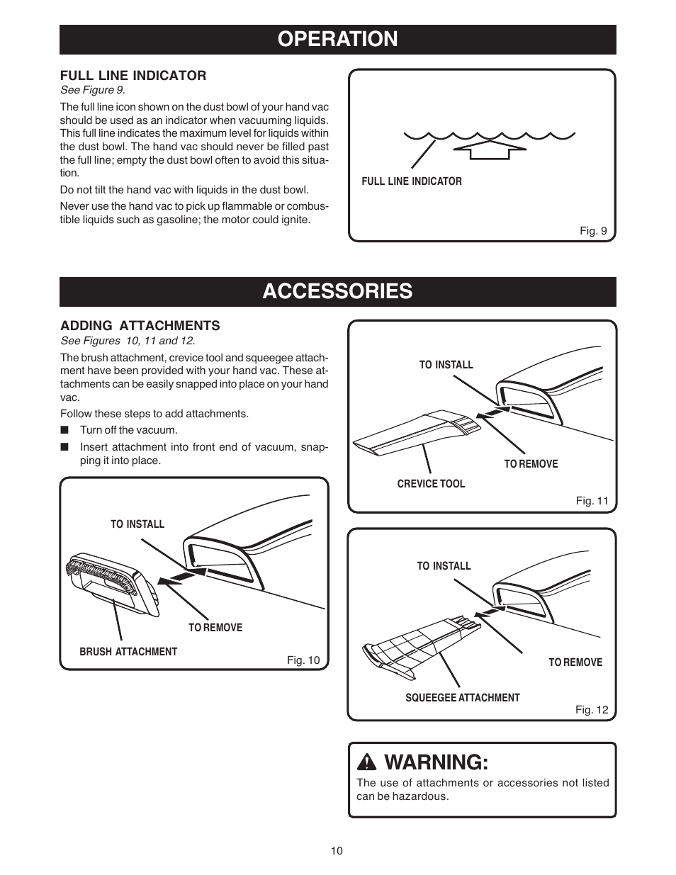 Operation, Warning, Accessories | Ryobi VC180 User Manual | Page 10 / 12