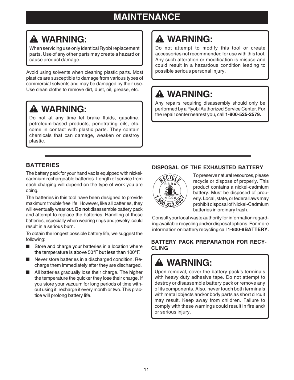 Maintenance, Warning | Ryobi VC180 User Manual | Page 11 / 12