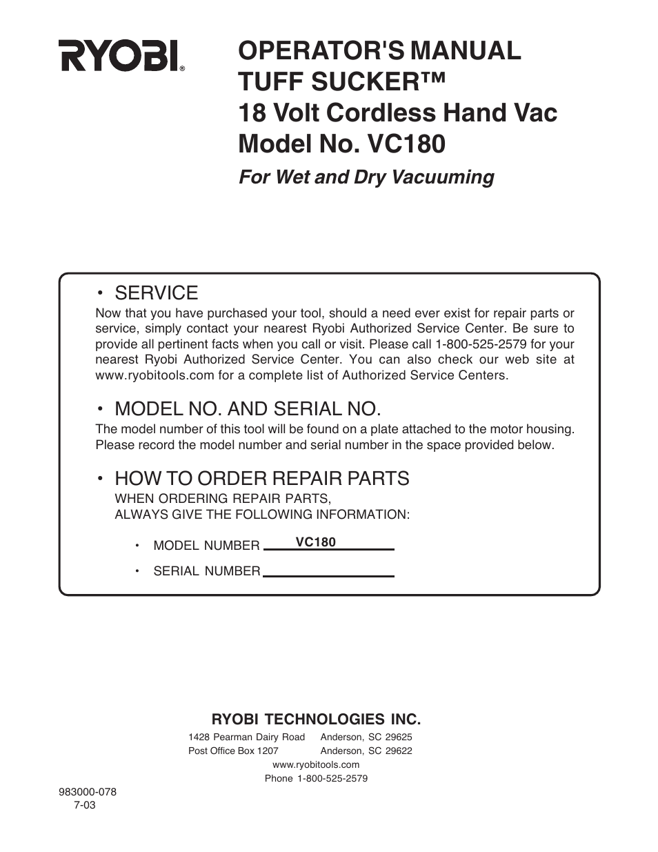 For wet and dry vacuuming, Service, Model no. and serial no | How to order repair parts | Ryobi VC180 User Manual | Page 12 / 12