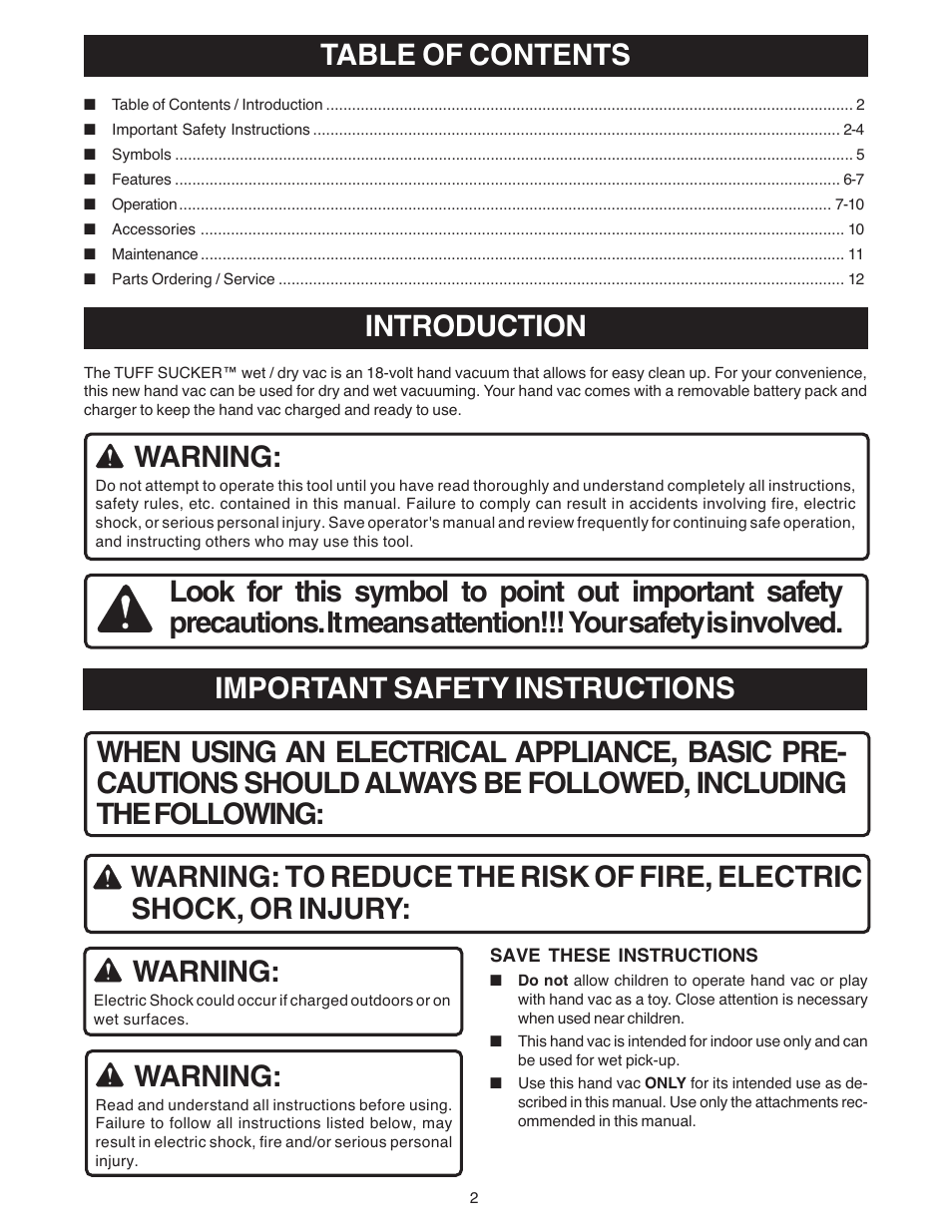 Introduction, Table of contents warning, Warning | Ryobi VC180 User Manual | Page 2 / 12