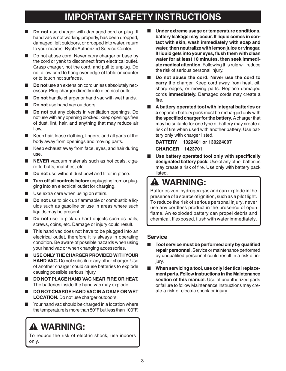 Important safety instructions, Warning | Ryobi VC180 User Manual | Page 3 / 12