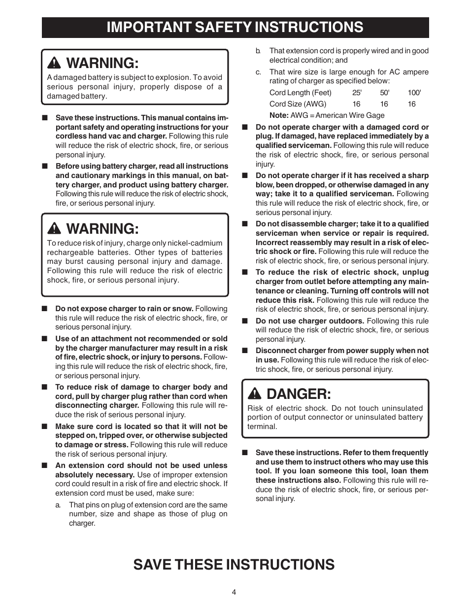 Important safety instructions, Danger, Warning | Save these instructions warning | Ryobi VC180 User Manual | Page 4 / 12